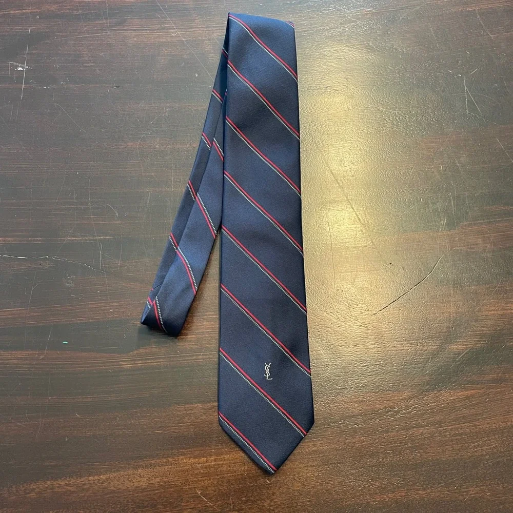 Yves Saint Laurent Navy Blue Red Striped Silk Tie YSL Monogram Logo